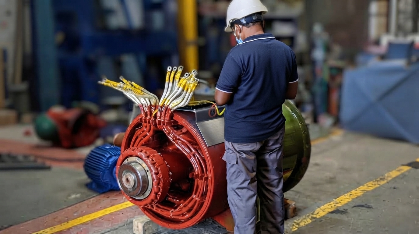 Generator stators suspended for rewinding as part of heavy-duty electrical servicing.