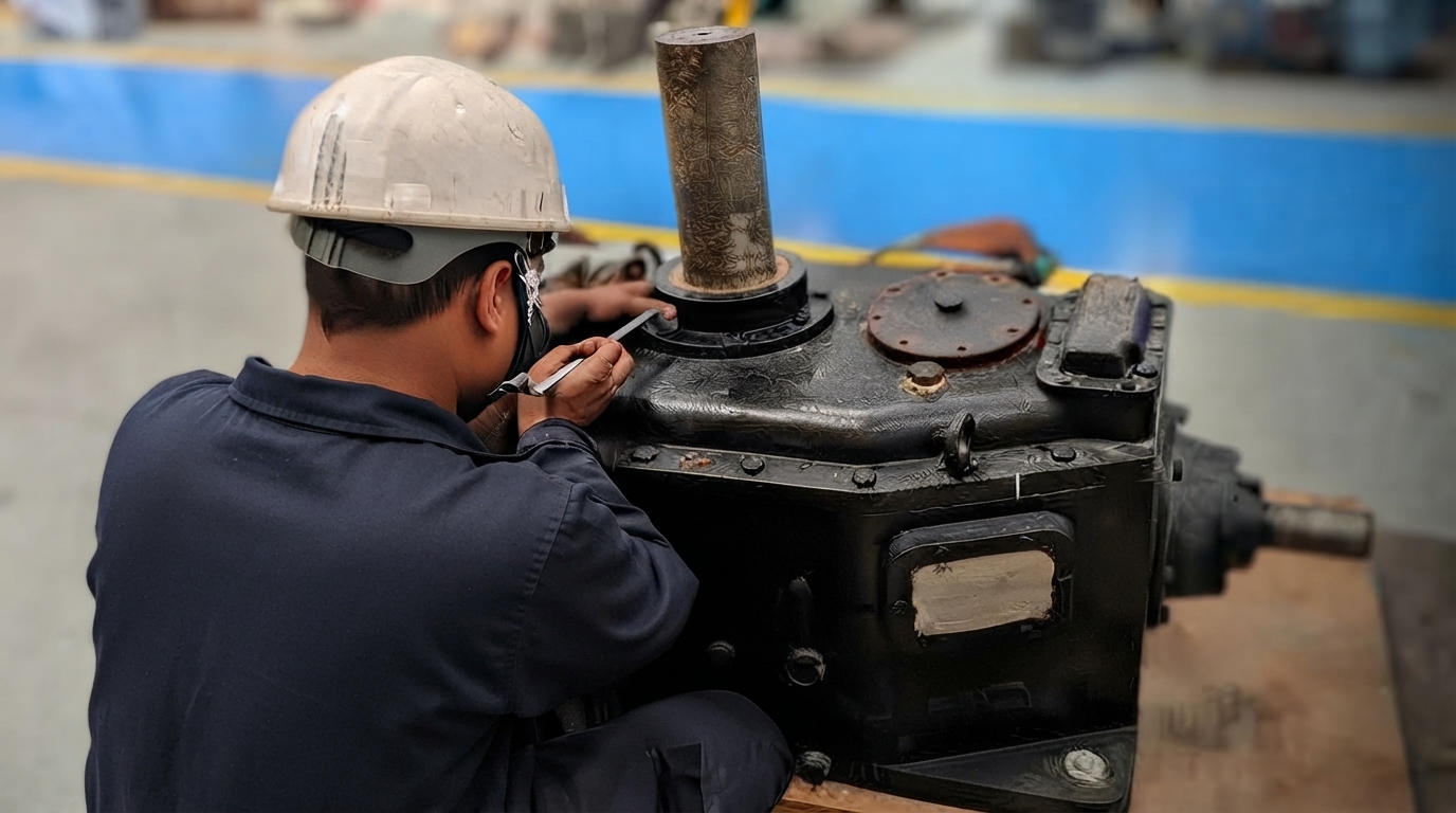 Technicians working on pump and gearbox assemblies inside repair facility.