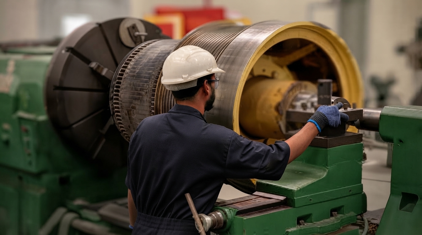 Inside view of mechanical workshop with advanced fabrication equipment and heavy-duty tools.