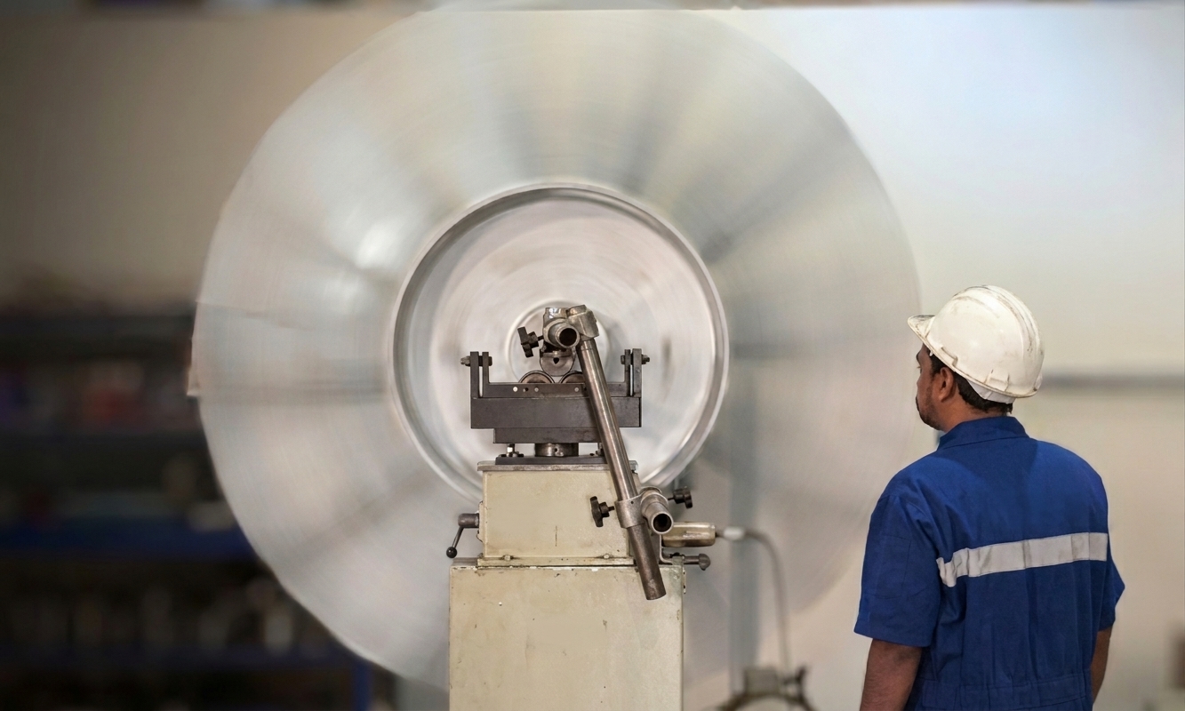 Technician performing dynamic balancing on industrial rotor in a workshop setting.