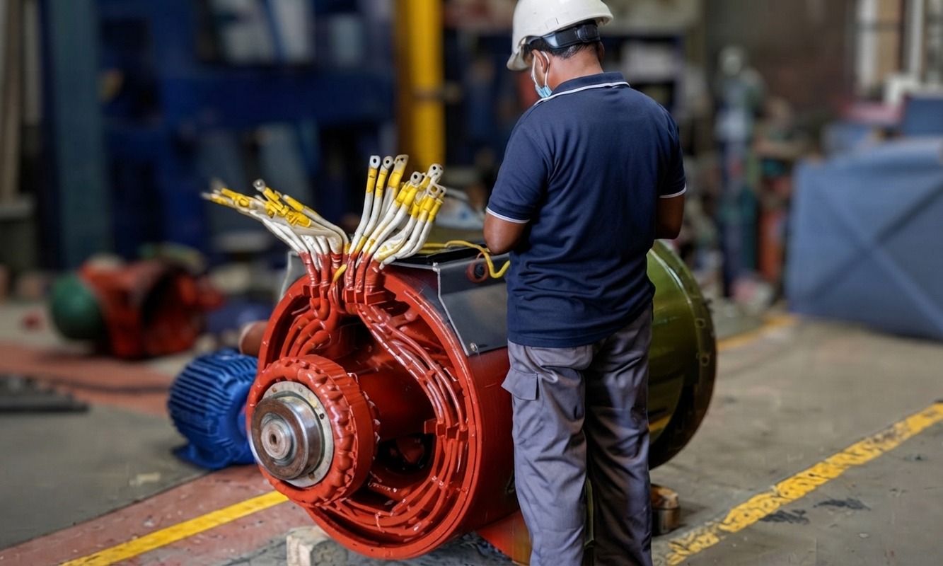Generator stator and rotor undergoing rewinding process in a repair facility.