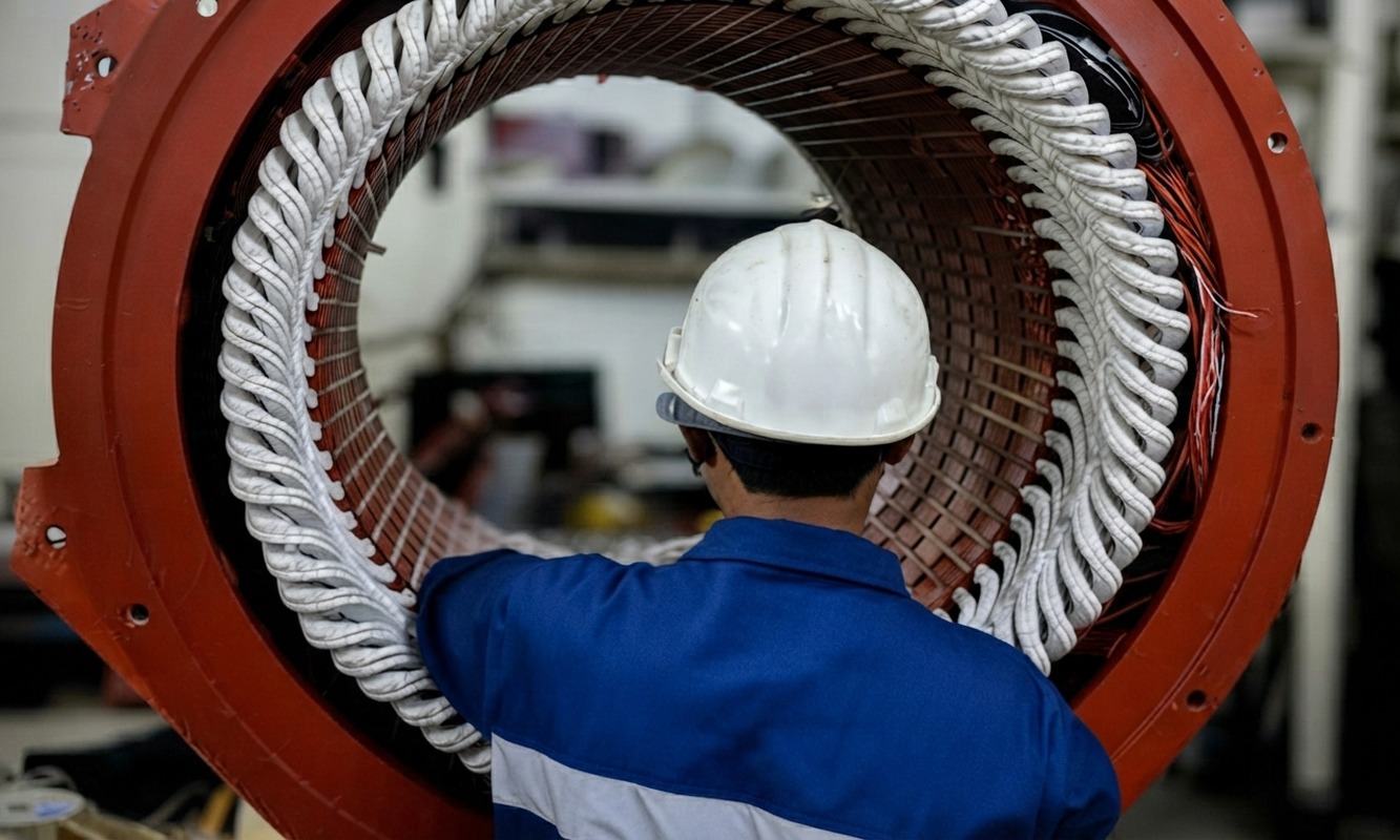 Close-up of electric motor components undergoing rewinding and repair.